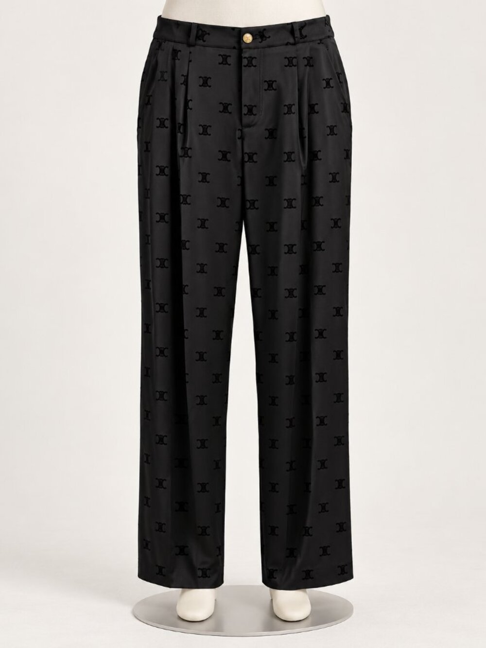 Black Monogram Satin Straight Leg Pants High Rise Office Chic Size M